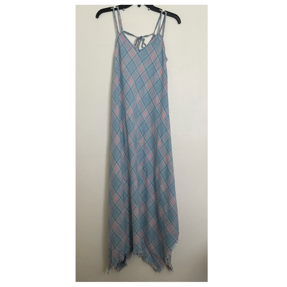 Billy T Strappy Maxi Dress in Hamp Plaid Small Sharkbite Raw Hem Lyocell *Flaw*